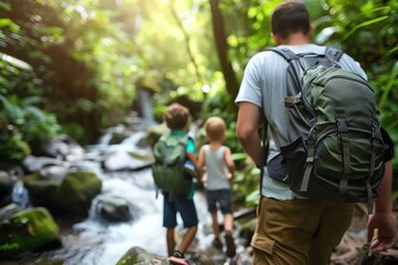 Fototapeta premium Family hiking through lush green forest near a river during daytime, enjoying nature and the outdoor adventure. Backpacks and casual wear.