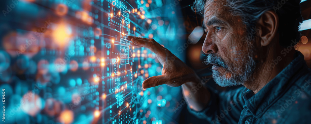 Poster businessman interacting with digital hologram of big data network blockchain technology, futuristic 