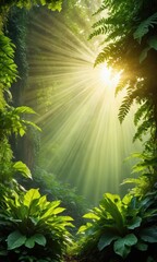 Obraz premium Sunlight streaming through lush green foliage in a tropical rainforest.