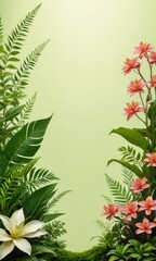 Fototapeta premium Floral Border with Green Leaves and Light Green Background.