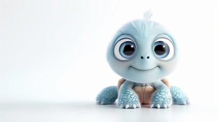 Obraz premium Adorable animated blue baby turtle with big eyes on a white background, perfect for children's content and designs.