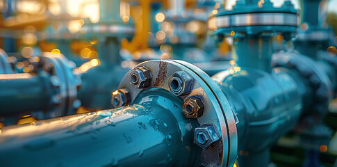 Close-Up Gas Pipe with Blues and Greens, Sunlight Bokeh Effect, Industrial Theme, High-Resolution, Hyper Realistic Render