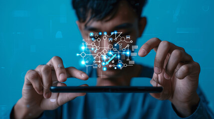 Man Using Tablet with Digital Brain Interface for AI Network Connections Business Innovation Online Technology