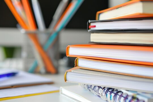 Close-up of a stack of textbooks on a desk, education concept