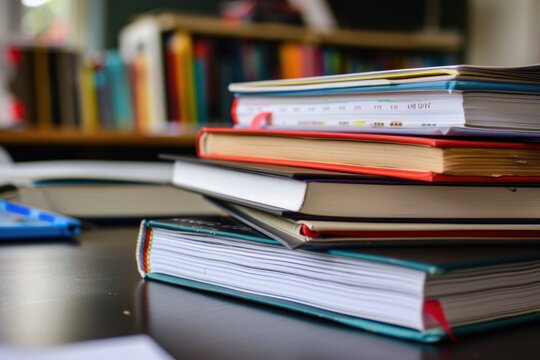 Close-up of a stack of textbooks on a desk, education concept