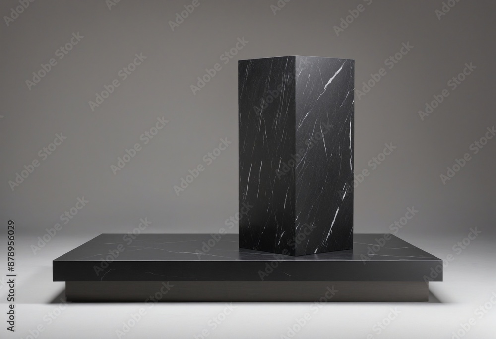 Wall mural product presentation display stage with black stone pedestal