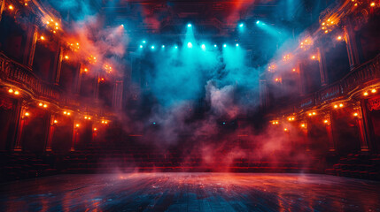 Empty Opera House Stage with Colorful Spotlights and Smoke Dramatic Lighting and Decor Classic Theater Ambiance Performance Setup