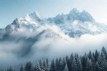 Snow capped pine trees and frozen lake surface