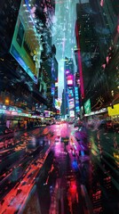 A busy city street at night, illuminated by neon signs and streetlights