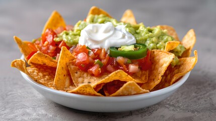 Nachos: Crunchy tortilla chips topped with melted cheese, guacamole, salsa, and sour cream, arranged on a solid background. 