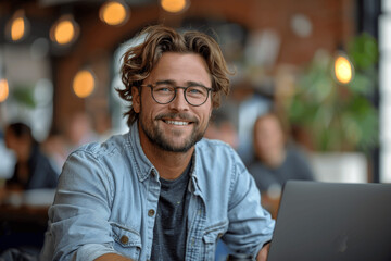 Obraz premium Smiling Handsome Businessman Working on Laptop in Modern Office with a Team