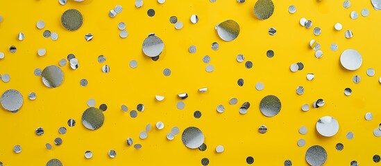 Top view of a yellow background with silver confetti scattered throughout, ideal for festive celebration or party designs.