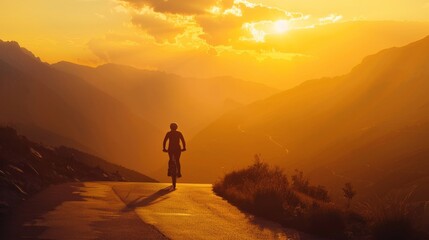 Obraz premium Biker silhouette on a mountain pass road at golden hour