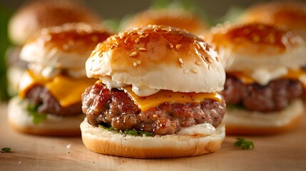 Sliders: Mini hamburgers served on small buns, often with a variety of toppings, arranged on a solid background.  Emphasizing the bite-sized
