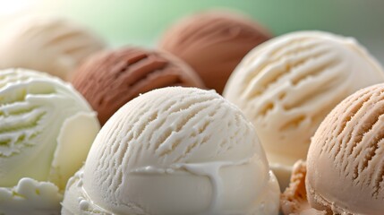 Ice Cream: Scoops of ice cream in various flavors, such as vanilla, chocolate, strawberry, and mint chocolate chip, arranged on a solid background. 