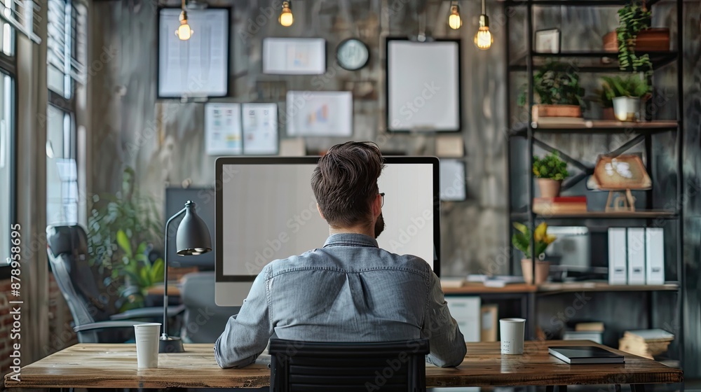 Poster man working at computer desk in modern office