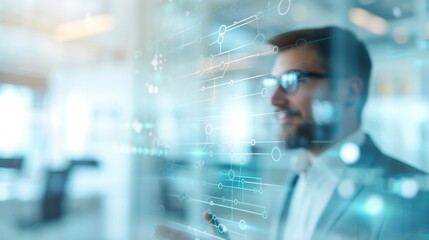 Business professional analyzing data on glass screen in modern office setting. Technology and innovation concept.
