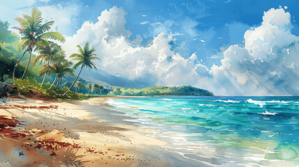 Tropical Beach Watercolor Painting - Palm Trees, Ocean Scenic Landscape, Sunset Illustration for T-Shirt