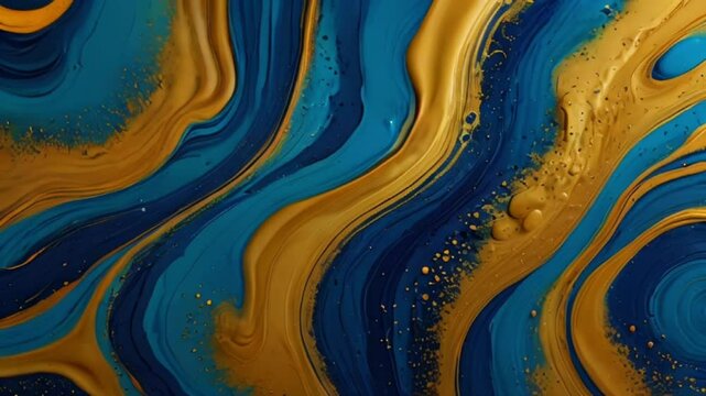 Beautiful liquid abstract background. Abstract liquid video with blue and gold color. Background for ads, business, digital concept, and many more 