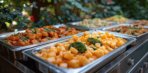 Catering Buffet at Event with Meat Vegetables Fruits and Delicious Dishes Indoor in Restaurant