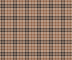 Plaid pattern, cream, brown, white, black, seamless pattern for textiles and designing clothing, skirts, pants, aprons, tablecloths, blankets or decorative fabrics. Vector illustration.