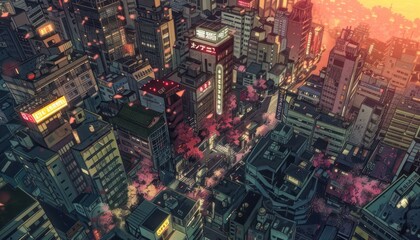 Obraz premium Anime-style aerial cityscape at sunset with skyscrapers, cherry blossoms, and neon signs 2. Generative AI