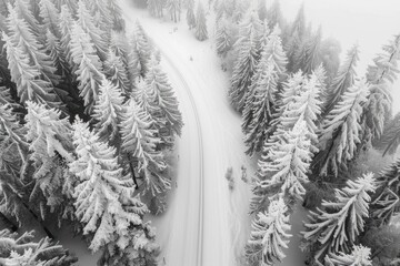 Drone aerial photography of roads between forests, snowy days