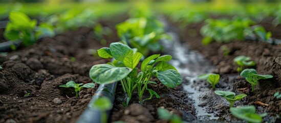 Obraz premium Fresh green plants thriving in a well-irrigated field, showcasing healthy growth and vibrant leaves in a farming environment.
