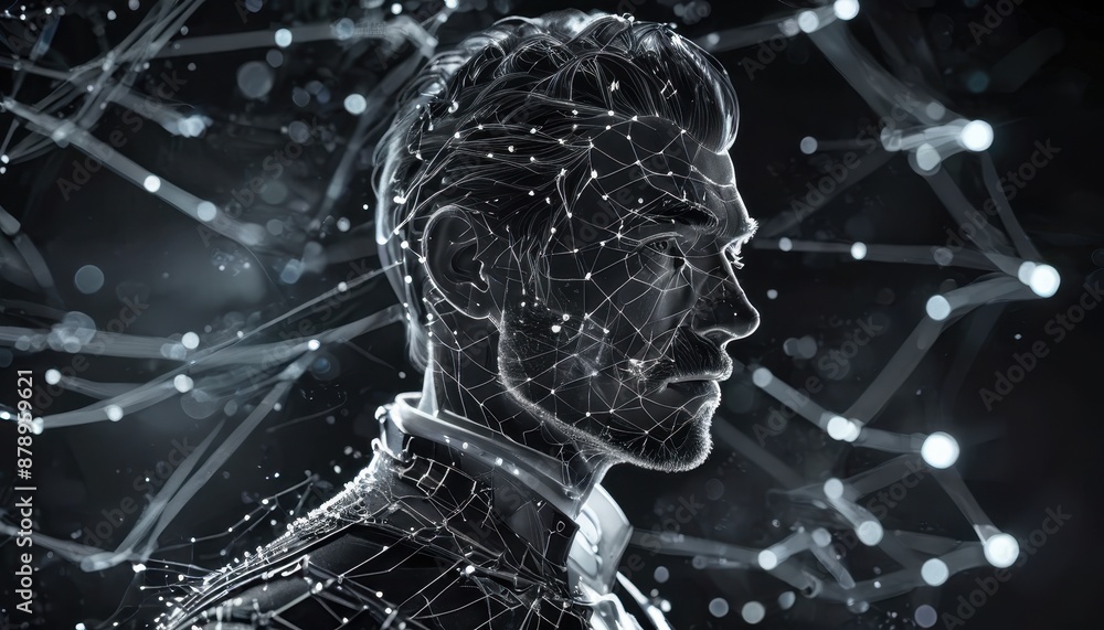 Poster man's face with network lines and bokeh lights.