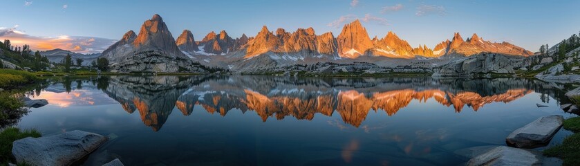 Fototapeta premium Breathtaking panoramic landscape of a mountain range reflecting in a calm lake during sunrise, showcasing nature's beauty.