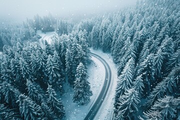 Drone aerial photography of roads between forests, snowy days