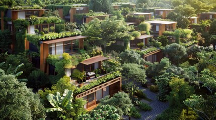 Urban planners design sustainable city models featuring eco-friendly green spaces and community gardens, integrating lush vegetation around energy-efficient residential house for a sustainable future 