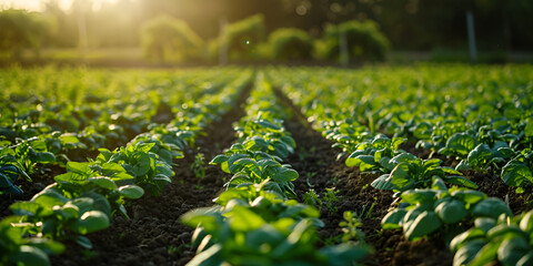 Thriving green crops growing in neat rows under the warm sunlight in an agricultural field, showcasing the importance of sustainable farming practices, hybrid, recombinant genome, get desired trait
