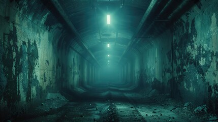 Obraz premium Eerie, abandoned underground tunnel with dim lighting and grungy walls, creating a mysterious and haunting atmosphere.