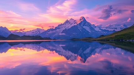 Breathtaking view of snow-capped mountains reflecting in a tranquil lake during a vibrant sunset, showcasing nature's beauty.