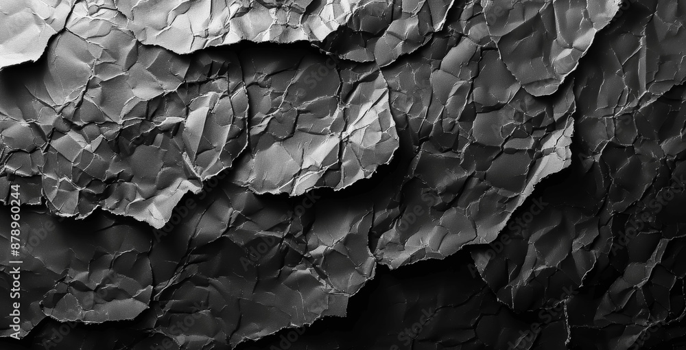 Poster crumpled black paper texture background top view dark abstract design crumpled cardboard with copy s