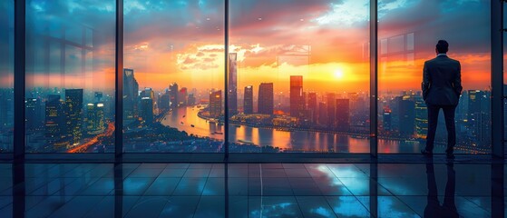 A businessman in a suit stands thoughtfully at a window, gazing out at the sprawling cityscape bathed in the golden hues of sunset.