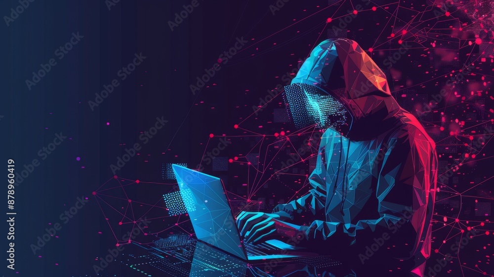 Poster abstract digital anonymous hacker with light blue laptop and ai chip. technology electronics backgro