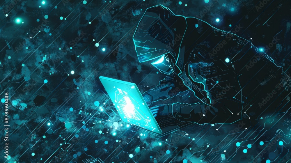Poster abstract digital anonymous hacker with light blue laptop and ai chip. technology electronics backgro