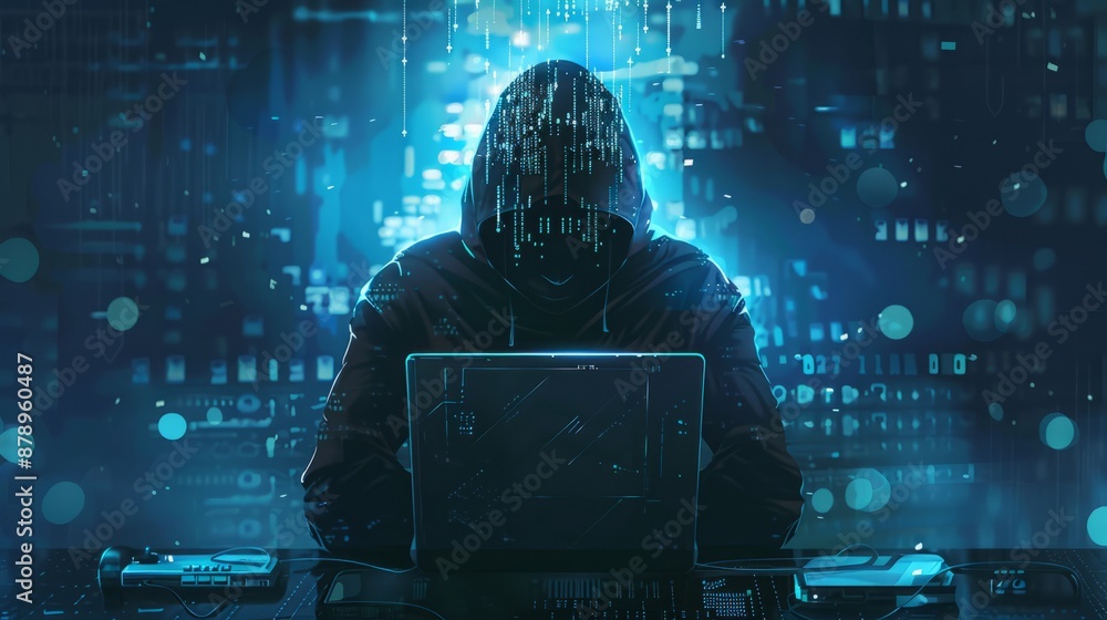 Poster abstract digital anonymous hacker with light blue laptop and ai chip. technology electronics backgro