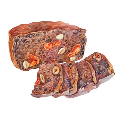 Watercolor loaf of fresh crispy homemade rye bread with fruit and nuts isolated on  white background. Whole grain bun for healthy breakfast. Hand-drawn food for cookbook or kitchen. Creative clipart