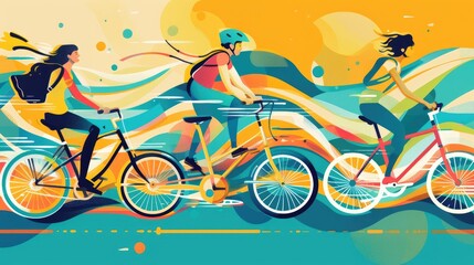 Fototapeta premium Three Cyclists on a Vibrant Journey
