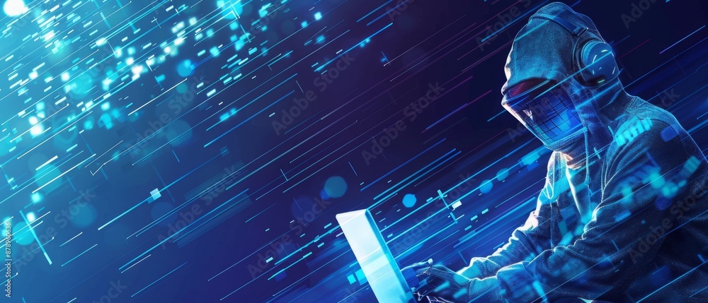 Poster abstract digital anonymous hacker with light blue laptop and ai chip. technology electronics backgro