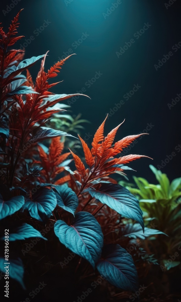 Poster Lush Tropical Foliage in Dark Blue Light.