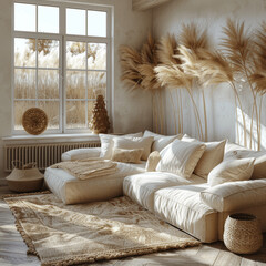 Boho Scandinavian Living Room with Beige Sofa and Pampas Grass