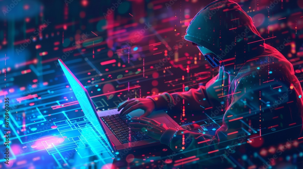 Poster abstract digital anonymous hacker with light blue laptop and ai chip. technology electronics backgro