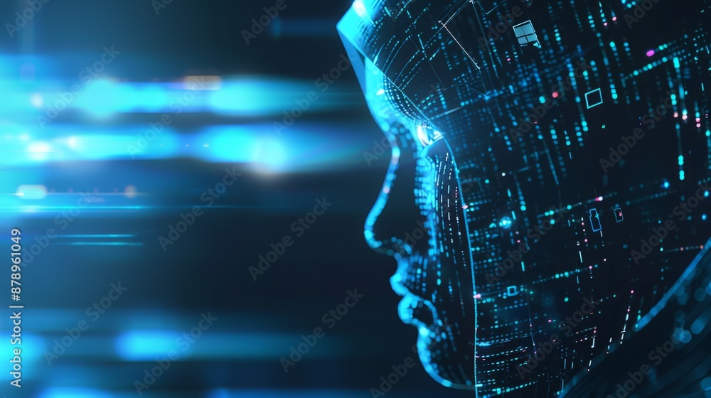 Poster abstract digital anonymous hacker with light blue laptop and ai chip. technology electronics backgro