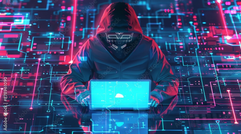 Poster abstract digital anonymous hacker with light blue laptop and ai chip. technology electronics backgro