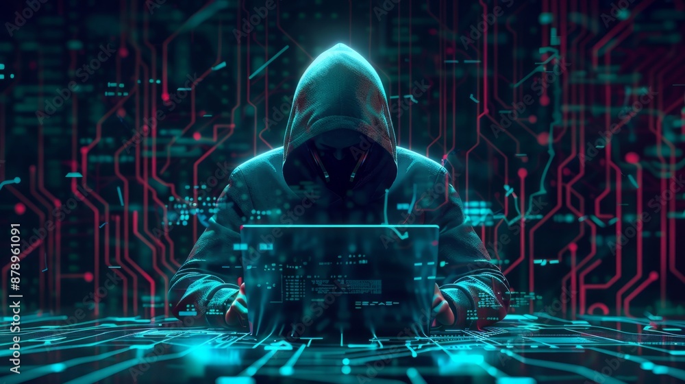 Poster abstract digital anonymous hacker with light blue laptop and ai chip. technology electronics backgro