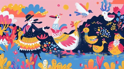 A Colorful World of Birds and a Woman in a Hat